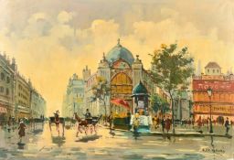 A. de Fleury (b. 1957) Hungarian, figures in a busy Paris Street, oil on canvas, signed, 19.75