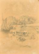 19th Century English School, a view of Arundel Castle with figures hauling a boat in the foreground,