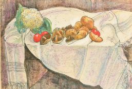 William de Belleroche (1912-1969), a tabletop still life study of mushrooms and vegetables, mixed