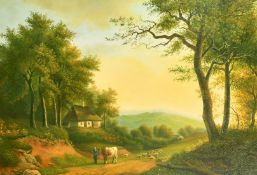 J. Robertson, 20th Century, a shepherd and his flock on a country path, oil on canvas, signed, 20