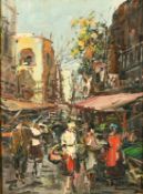 20th Century, figures walking in a busy street market, oil on panel, indistinctly signed, 16