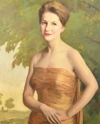 Michael Gilbery (1913-2000) British, a portrait of an elegant lady in an off-shoulder dress, oil