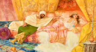 Antonio Rivas (1845-1911) Italian, figures relaxing in a colourful draped interior, oil on canvas,