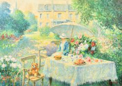 Jos Pauwels, 20th Century, Belgian, female figure beneath a parasol in a garden in full bloom, oil