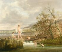 Claude William Harrison (1922-2009) children and a dog swimming in a river, oil on board, signed,