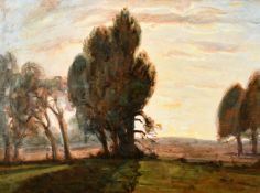 John Brown (20th Century), a tree lined landscape at dusk, oil on board, signed with initials,