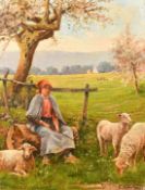 E. Cohendoz (Early 20th Century), a shepherdess and sheep sat amongst blossom, oil on board, signed,