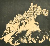 Jacob Pins (1917-2005), a hillside village, woodcut, signed in pencil and dated 1954, 10.5