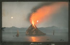 19th Century Italian School, the eruption of Stromboli by moonlight, gouache, 3