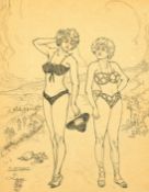 Walter Macdade, circa 1957, an ink drawing of two females in bikinis, signed and dated, 10.75