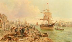 William Webb (1862-1903) British, 'View on the Dart', figures conversing on a quay beside moored