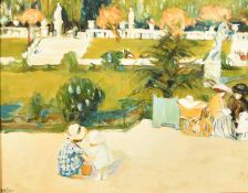 French School, Circa 1900, figures gathered in a formal park, oil on carton, indistinctly signed, 8