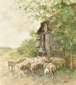 William Steelink Jr. (1856-1928) Dutch, a farmer with his flock by a wooden barn, watercolour,