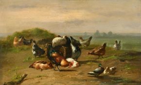 Attributed to Cornelius Van Leemputten (1841-1902) Belgian, a scene of chickens in a farmyard, oil