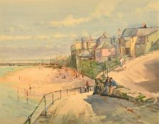 Michael Crawley (20th Century) British, 'Newlyn, Cornwall', figures on a beach, watercolour,