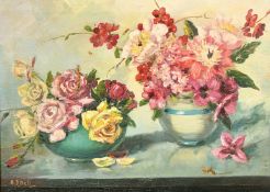 Wilfred Knox (1884-1966), signed A. D. Bell, a still life of flowers in vases, oil on canvas,