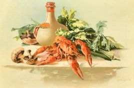 20th Century, a still life of a lobster and a wine carafe, oil on canvas, indistinctly signed, 12
