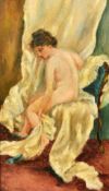 19th Century, a nude female figure sat amongst fabric drapes on a chair, oil on canvas, 10