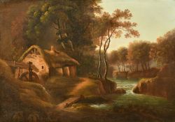 19th Century School, a watermill in a landscape, oil on canvas, 12.5