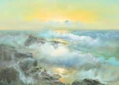 20th Century Italian School, a scene of waves breaking over rocks at dusk, oil on canvas,