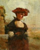 Late 19th Century English School, a study of a woman in a red bonnet leaning on a wall, oil on