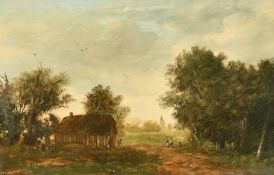 Dutch School, 19th Century, wayfarers on a country path with a church tower beyond, oil on oak
