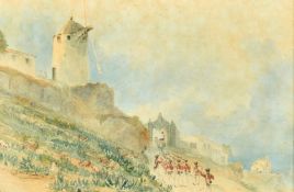 19th Century possibly French School, soldiers marching on a hillside pathway, watercolour, 7.5