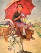 C. Bach, 20th Century, a lady beneath a red parasol riding a donkey, oil on canvas, signed, 30