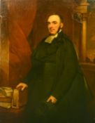19th Century English School, a portrait of a clergyman amidst drapes and classical architecture, oil