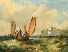 19th Century English School, fishing boats off the coast, oil on canvas laid down, 11.75
