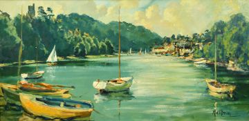 Matt Bruce (1915-2000) British, 'Newton Ferrers' a view of moored boats, oil on board, signed, 16