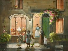 Deborah Jones (1921-2012), a pair of oil on board scenes of figures outside of shops, each 12