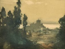 Frank Henry Mason, an aquatint of a galleon and another of a coastal scene, in a common mount and