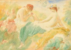 Jakub Obrovsky, circa 1917, scantily clad figures sunbathing in a landscape, watercolour, signed and
