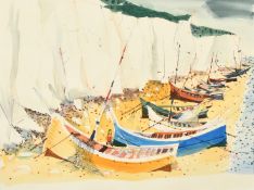 Charles Levier (1920-2003) French, fishing boats beached beneath chalky cliffs, watercolour, signed,