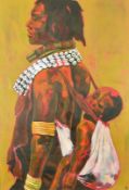 African School, figure and child, oil on canvas, signed with initials, 35.5