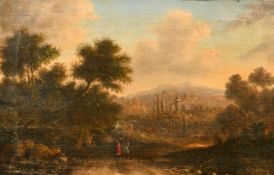 19th Century School, wayfarers and cattle approaching a castle, oil on canvas, 12