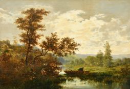 Jules Achille Noel (1815-1881) French, figure on a boat near Barbizon, oil on panel, signed and