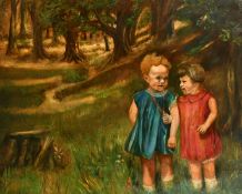R. Baron, Circa 1900, children in a woodland clearing, oil on canvas, signed, 28