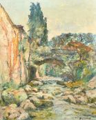 Andre Romand (1899-1981) French, a view of a stone bridge over a boulder-strewn river, oil on panel,