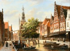 20th Century School, Boats on a city canal, oil on panel, 12