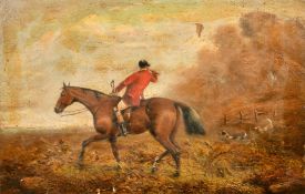 19th Century English School, a scene of a huntsman calling his dogs, oil on canvas, indistinctly