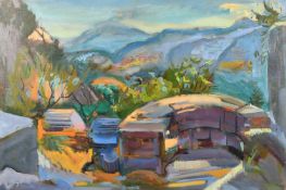 Phyllis Bray (1911-1991) British, buildings in a colourful landscape, oil on canvas, signed with