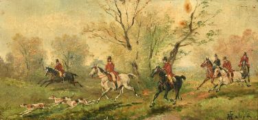 Circle of Philip Rideout (1860-1920), a pair of hunting scenes, oil on mahogany panel, signed