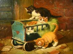 20th Century, cats at play, oil on board, indistinctly signed, 12