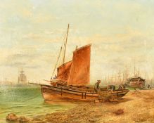 English School, Circa 1872, fishermen mending the nets on the Tyne, one boat inscribed 'Shields',