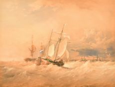 19th Century Continental School, barges under sail in a heavy swell, watercolour, 15.5