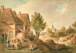 Manner of David Teniers, Figures at a table playing cards outside an ale house, watercolour, 10.