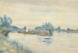 Robert W. Fraser (1848-1906) British, 'At Moulsey', a sailboat on a river, watercolour, signed and