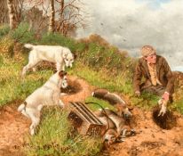 Sylvester Martin (1856-1906) British, 'Ferreting', a scene of working dogs, oil on canvas, signed,